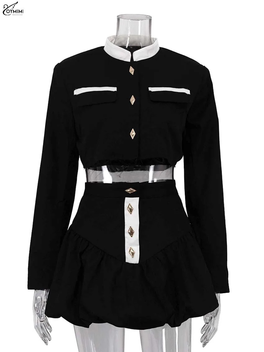 Oymimi Fashion Black Patch Two Piece Womens Casual Long Sleeve Button Pocket Crop ShirtHigh Waist Mini Ski Set 250326