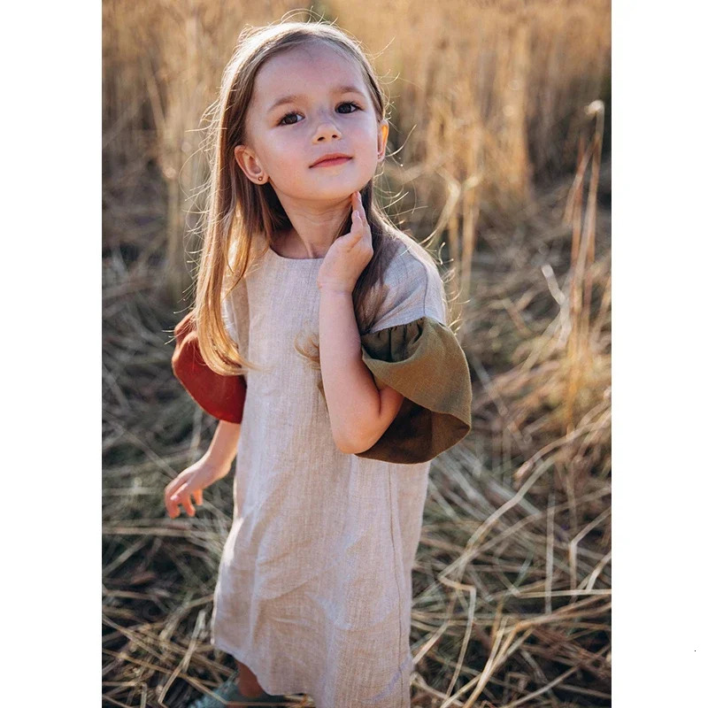 Girls Natural Linen Patchwork Dress Summer Baby Kids Flare Sleeve Casual Cotton And Linen Dresses Childrens Clothing TZ045 250326