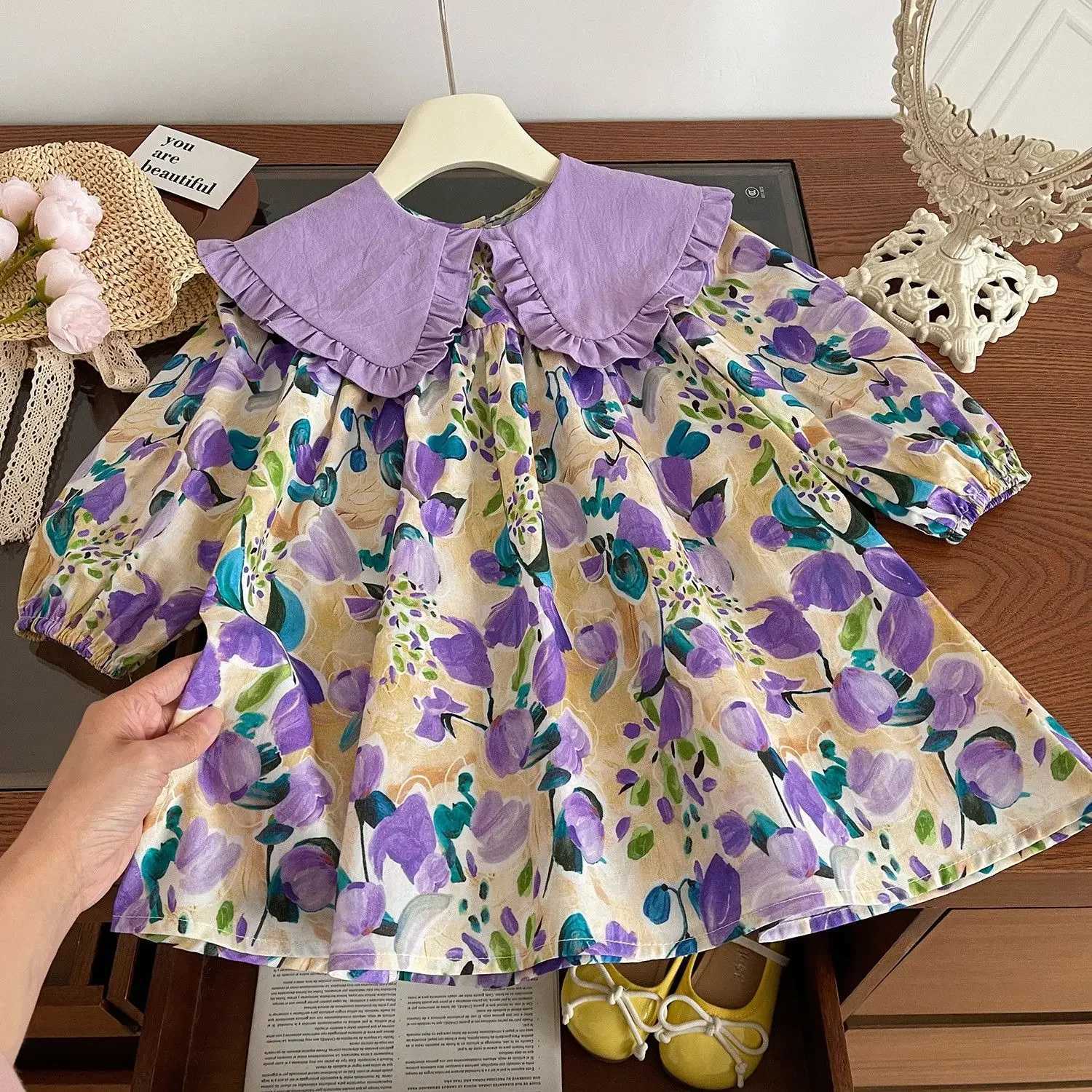 Girls casual dress with purple floral print lace lapel puff sleeves and long sleeved floral Par dress for children aged 2 to 7 W250326