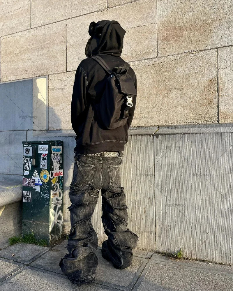 Y2K Punk Black American Street Rock Retro High Waist Oversized Jeans Men Raw Edge Washed Straight Wide Leg Trousers Men 250317