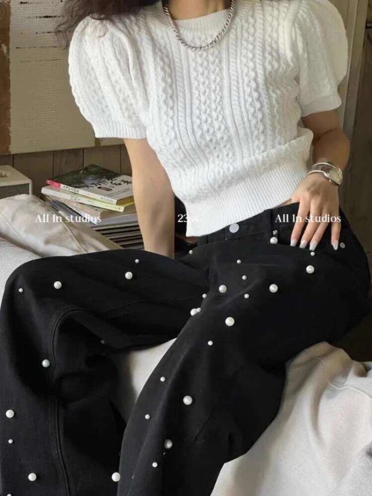 Korean Fashion For 2024Spring New Heavy Industry Beads Retro Washed High Waisted Jeans Wide Leg Mopping Pants Women