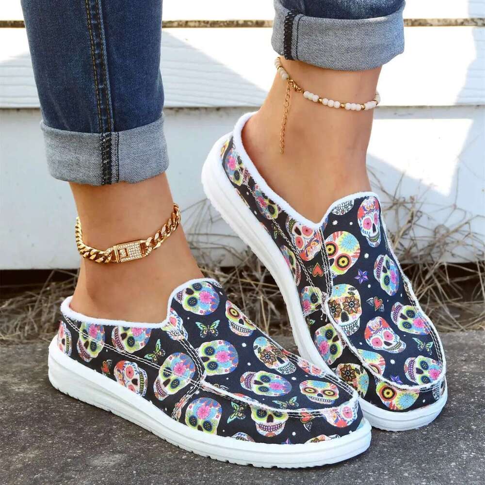 ral Print Canvas Slip-on Round Toe Lightweight Casual Shoes, Women's Comfy Walking Flat Shoes