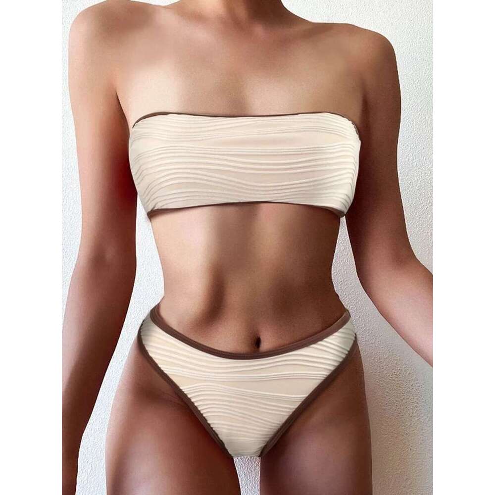 Bandeau High Sexy Waist Bikini 2025 Women Triangle Swimsuit Detail Swimwear Padded Bathing Suit Female Solid Beachwear