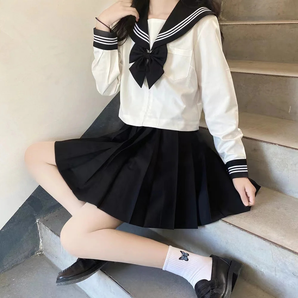 Japanese School Uniform Girls Plus Size Jk Set Black Tie White Three Piece Basic Sailor Womens Long Sleeve 250326