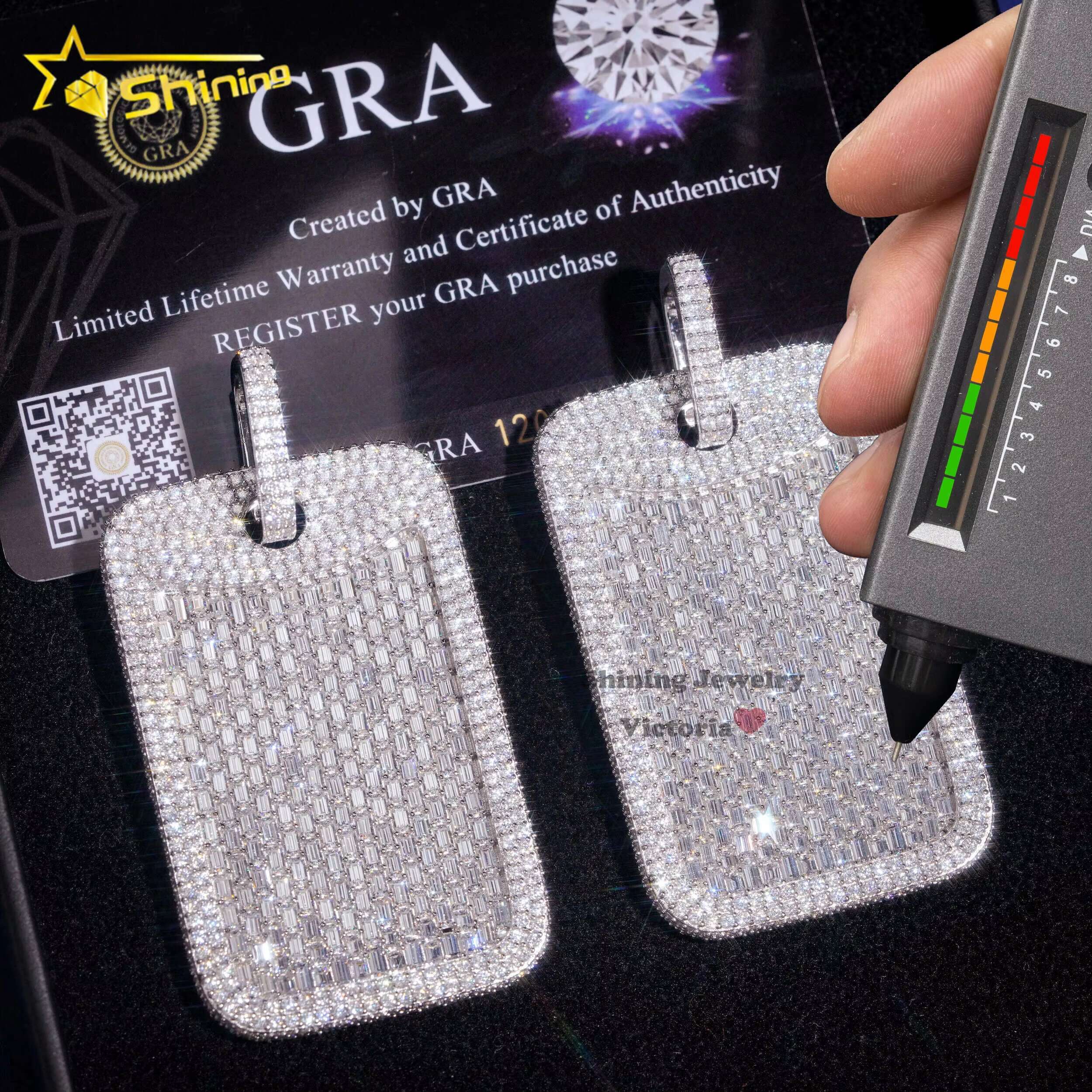 Shining Jewelry White Gold Plated 925 Silver baguette Cut Vvs Moissanite Iced Out Men Hip Hop Silver Dog Tag Pendant
