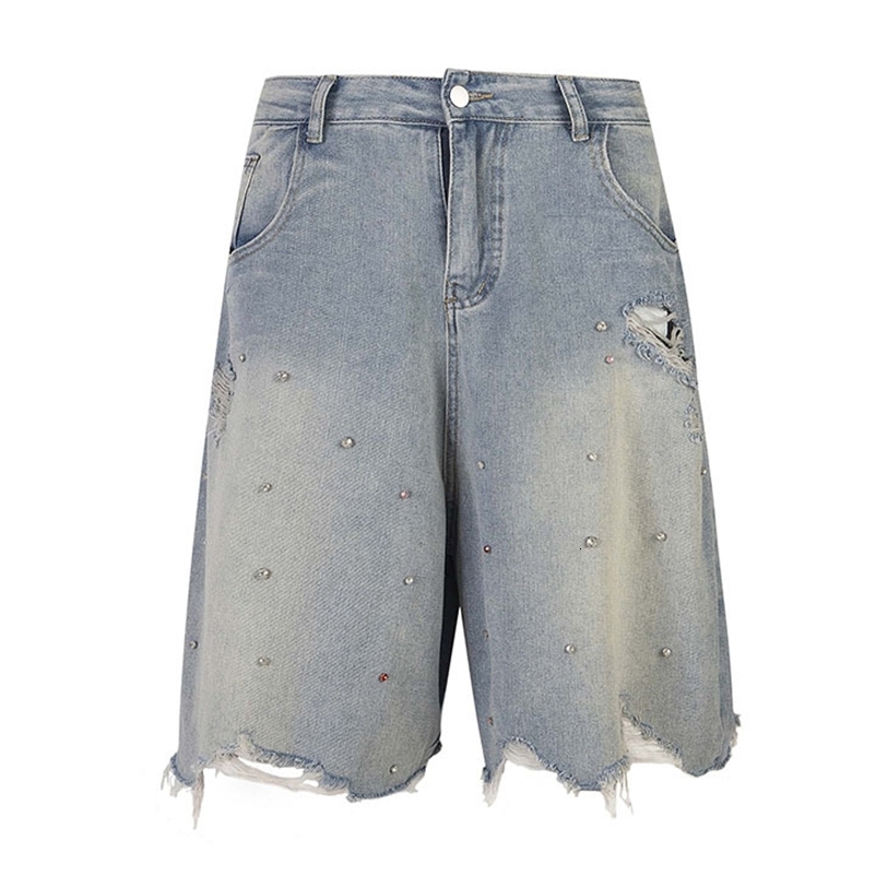 Vintage Hi Street Rivet Denim Shorts Washed Streetwear Ripped Jeans Shorts For Male Blue 250326