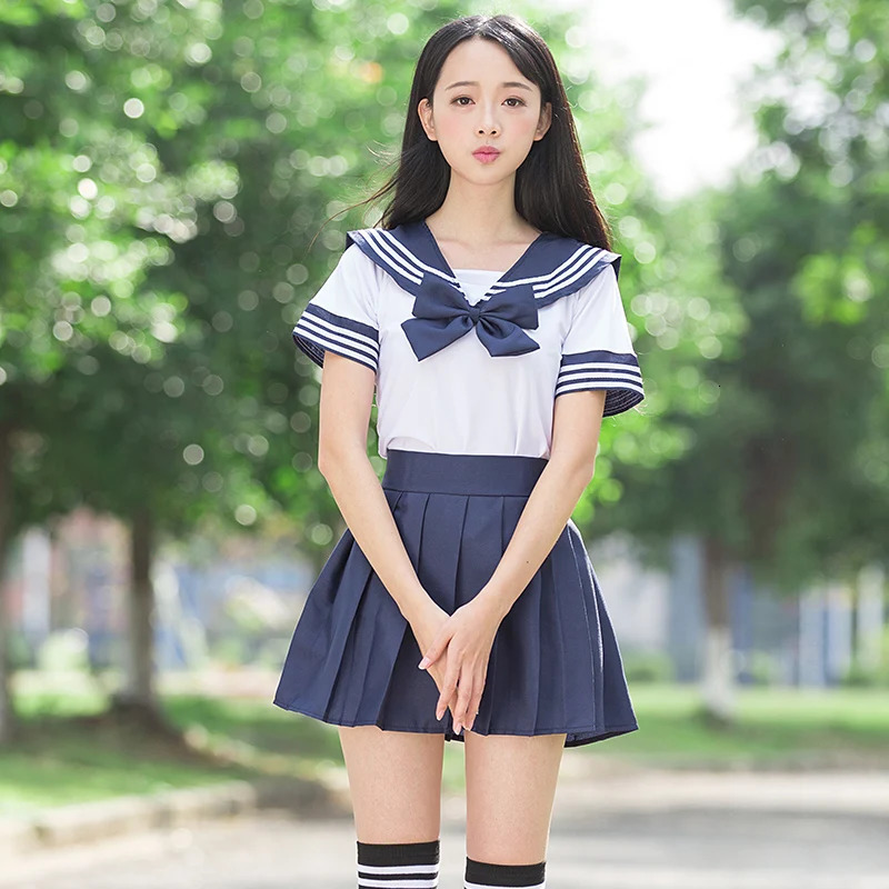 Sailor Set School Uniform JK Girls White Shirt and Deep Blue Tight Student Role Play 250326