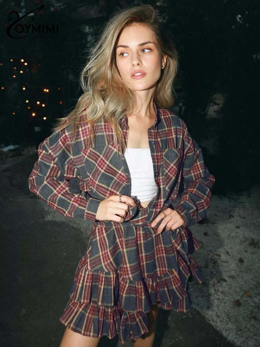 Oymimi elegant red printed womens twopiece fashionable long sleeved pocket button up shirt and mid waist pleated mini skirt set 250326