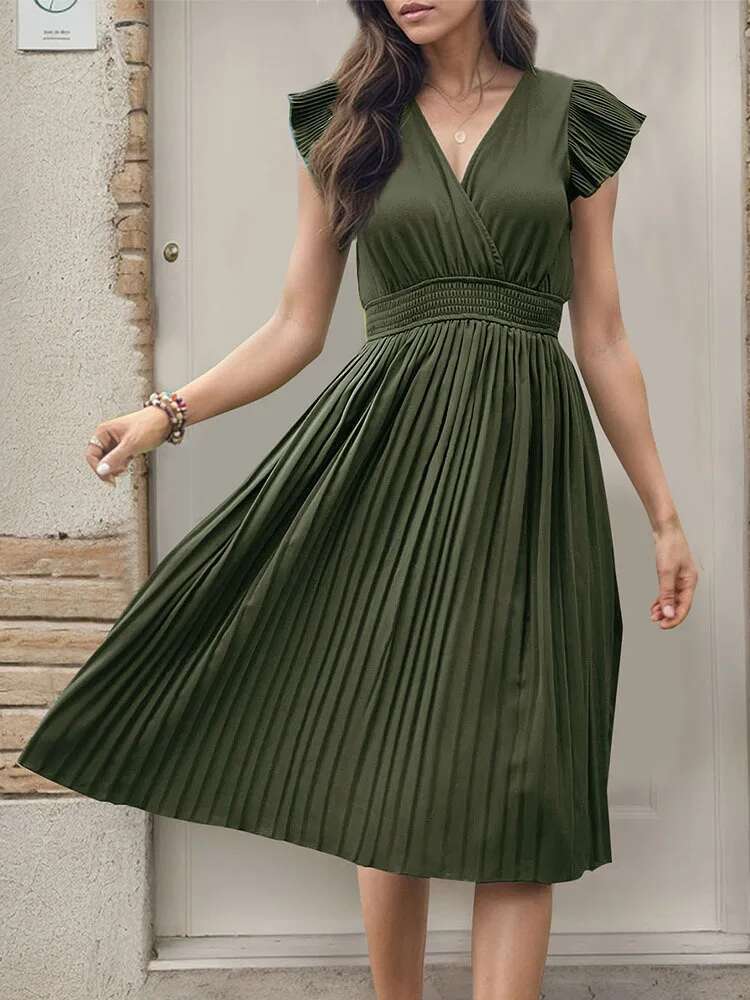 Dongdumaoyi Zomer Essentieel Elegante Geplooide Jurk Met V Hals Minimalistische Stijl Hoge Taille