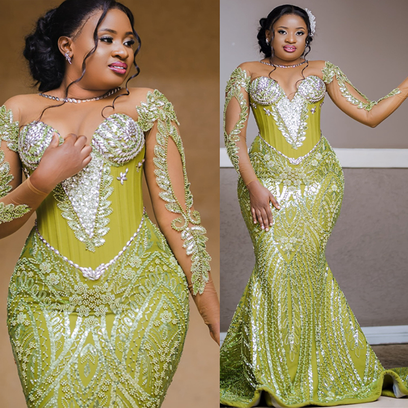 2025 Plus Size Green Prom Dress Mermaid Prom Dresses Formal Gowns Illusion Sheer Neck Long Sleeve Beaded Lace Birthday Second Reception Gown For Afric