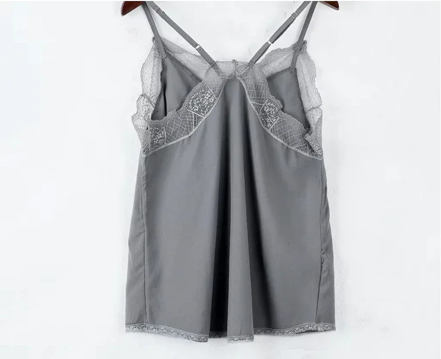 Womens elegant vest top tube silk satin plain weave shoulder strap sleeveless shirt French tuning exquisite lace 250326