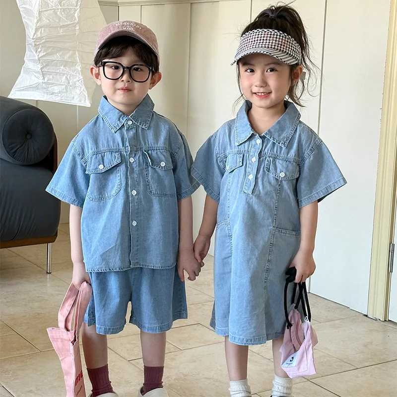 Childrens Clothing 2025 Summer New Boys Denim Set or Girls Dress Casual Brothers and sisters ClothingT250327