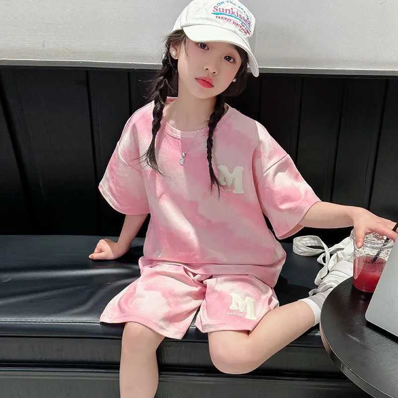 Girls summer set loose short sleeved top+shorts two-piece set fashionable printed design street style casual wearT250327