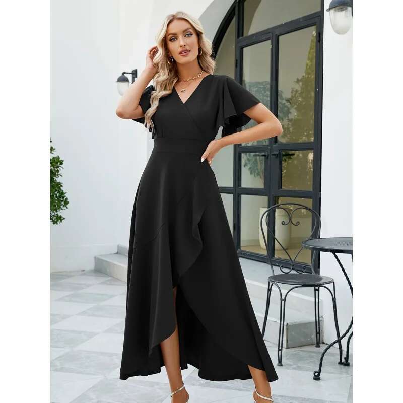 Dongdumaoyi Effen Kleur Jurk Met Superpliehals Elegante Ruche Mouw Tulp Zoom Zwierige Voor Lente En Zomer Dameskleding WD