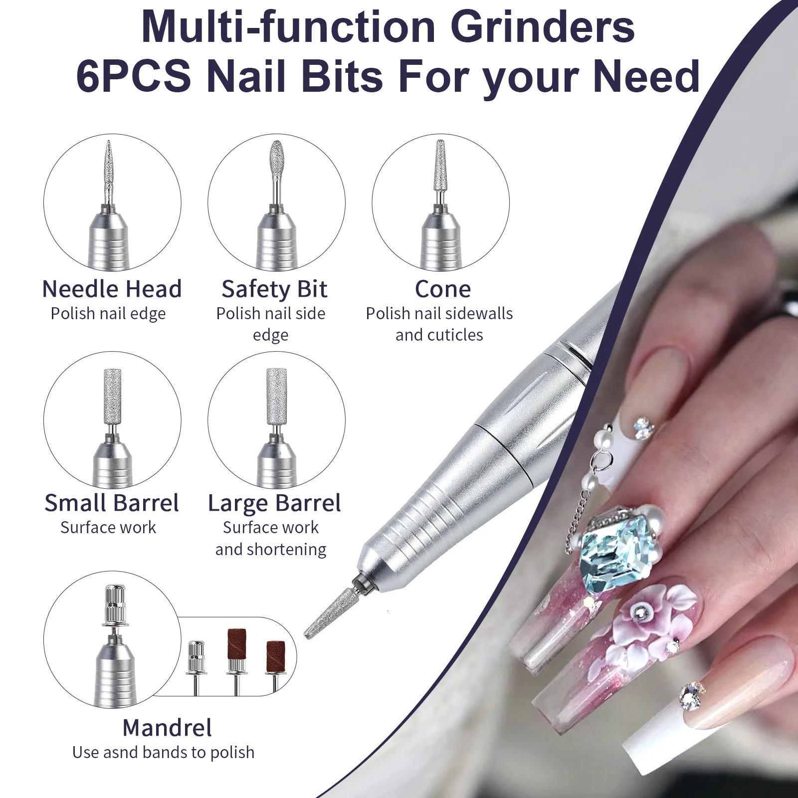 Professional Electric Nail Drill Pen - Cordless Rechargeable for Salon Home Manicure Kit with 6 Grinding Bits Nail Polisher 250324