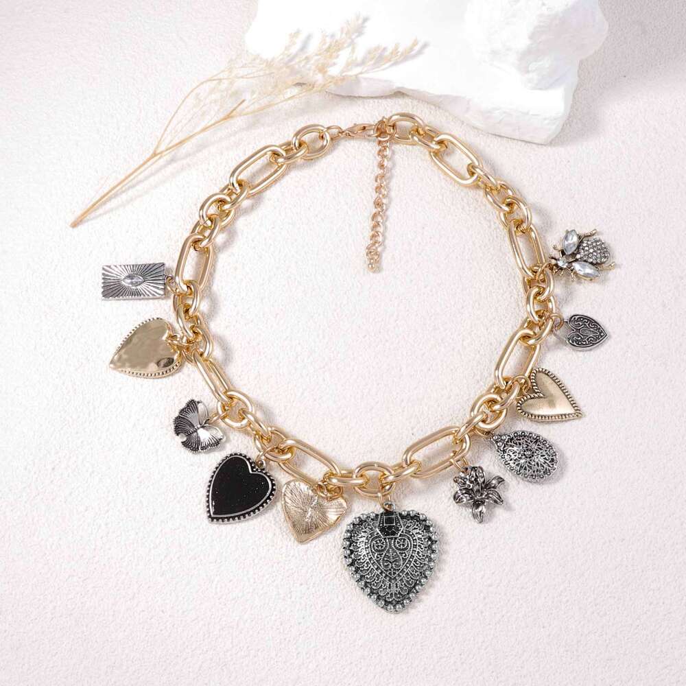 Trendy Vintage Alloy Love Pendant Necklace, Creative Multi-Heart Design with Micro-Inlaid Zirconia Chain for Women