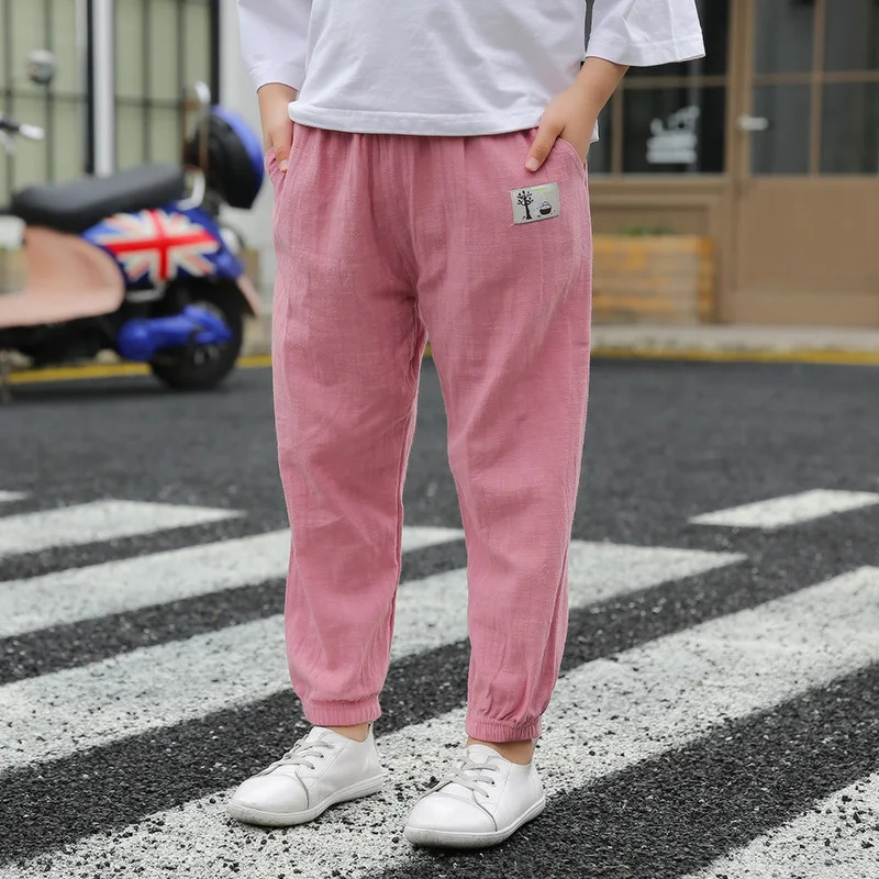 Childrens Trouser Boys and Girls Cotton Linen Elastic Waist Solid Color Summer Clothing Pants 250325