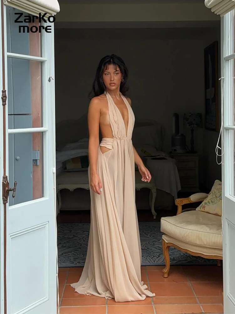 Sexy Halter Pleated Long Dress Women Backless Sleeveless Hollow Out A-E Party Beach Dresses 2025 Summer Lady Draped Robes