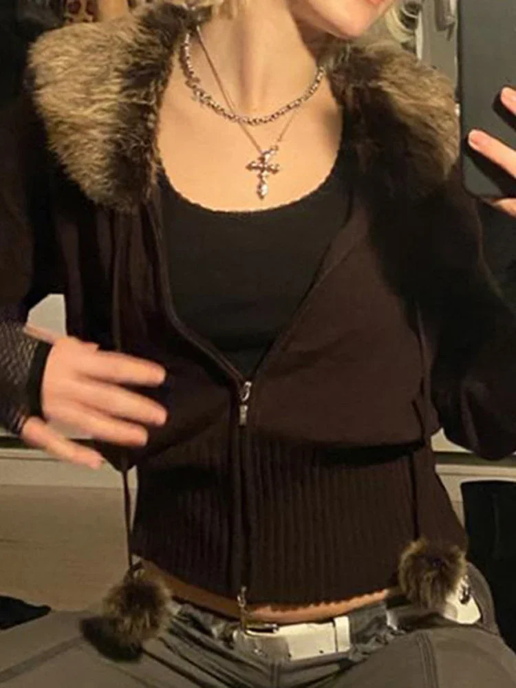 Y2K Grunge Fur Knitted Jackets Double Zipper Vintage Cropped Coat Women Harajuku Aesthetic Cute Chic Jumpers Korean Outfits 250322