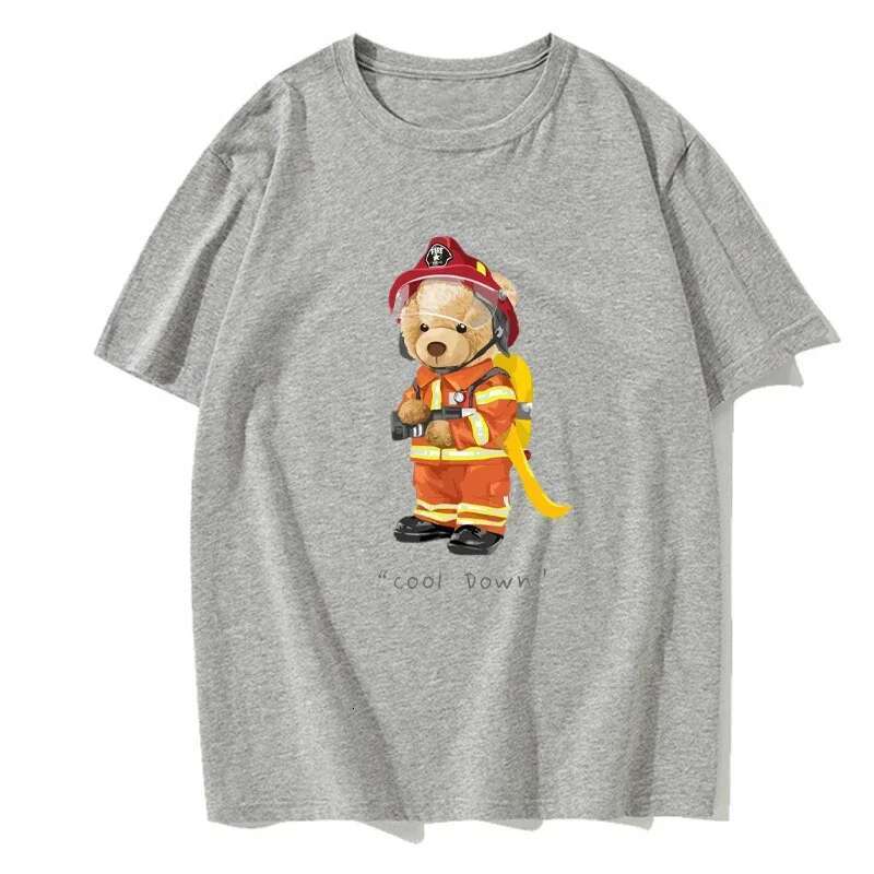 Firefighter Teddy Bear Cool Letter Pattern T shirt Creative Neutral Street Clothing Summer Men s Fashion
