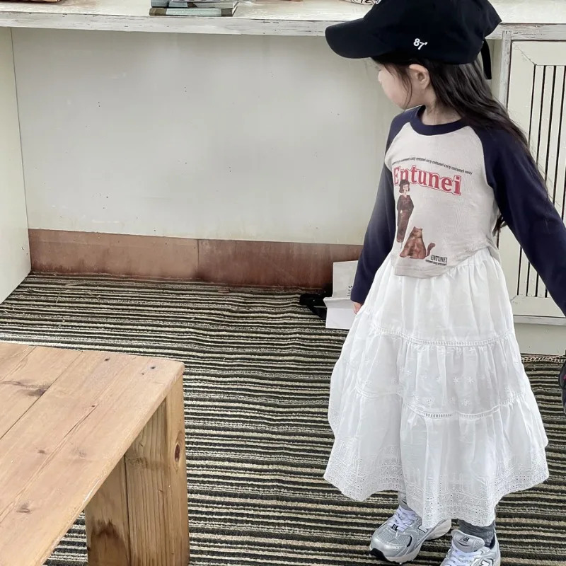 Girls French Vintage High Waist long style skirt 2-7Years Autumn Kids Lace embroidered A-line umbrella Skirts 250326