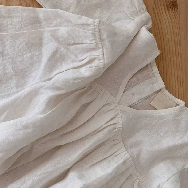 Girls white linen V-neck long sleeved dress for spring and summer 2024 new item baby girl Sen beach cotton linen casual loose dress W250326
