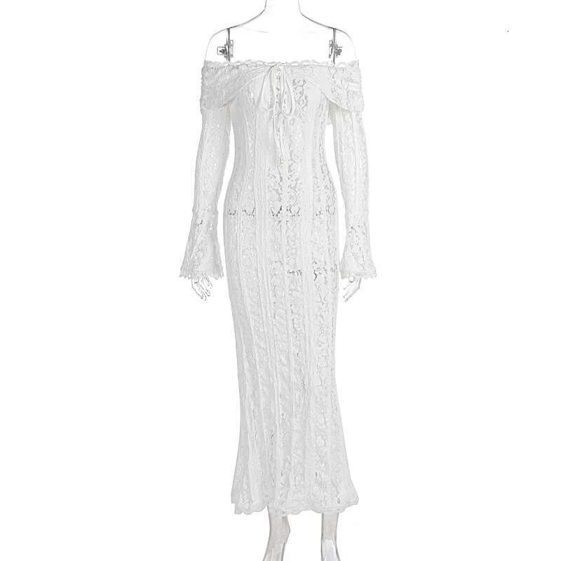 Dongdumaoyi Lange Bodycon Jurk Met N Schouder Uitlopende Mouwen Van Een Zachte En Elegante Strapless Taille Kalkende Trein C