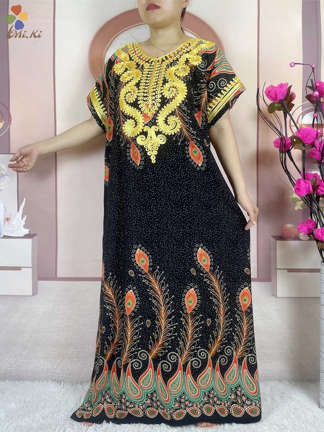 High quality African Abaya womens party dress cotton embroidery print loose floral bounce Maxi Islamic womens short Slve clothing X250327