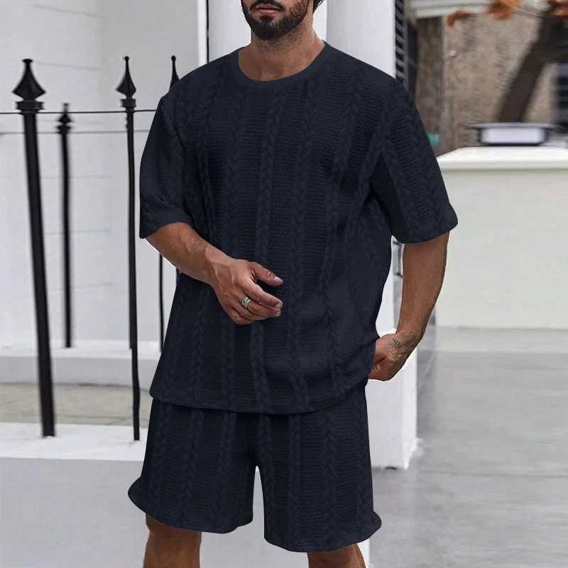 Mens track and field uniform solid color round neck zipper short sleeved T-shirt+casual sports shirt mens loose two-piece fitness setXJ250326