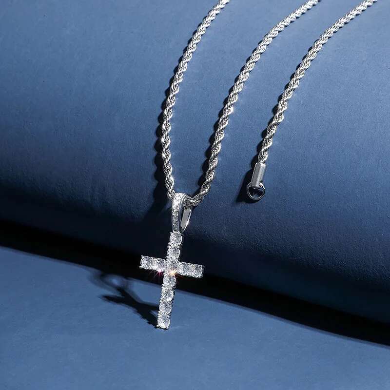 S925 Sterling Silver Prong Setting moissanite Stone Bling Ice Out Cross Pendants Necklaces Women Men Hip Hop Rapper Jewelry
