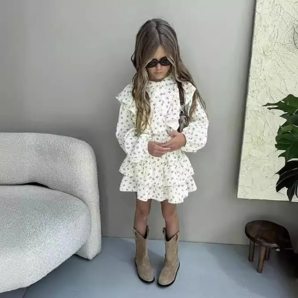4478-1 Children Clothing Set INS Russian Girls Dress Autumn Floral Lace ShirtCake Skirt Two-piece Set 250326