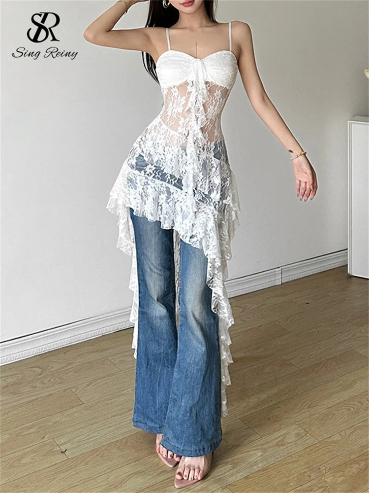 Singreiny Womens Lace Irregular Long Dress Camis Sheath Sensual Sheer Fashion Street Clothing Hollow Ruffle Sexy 250324