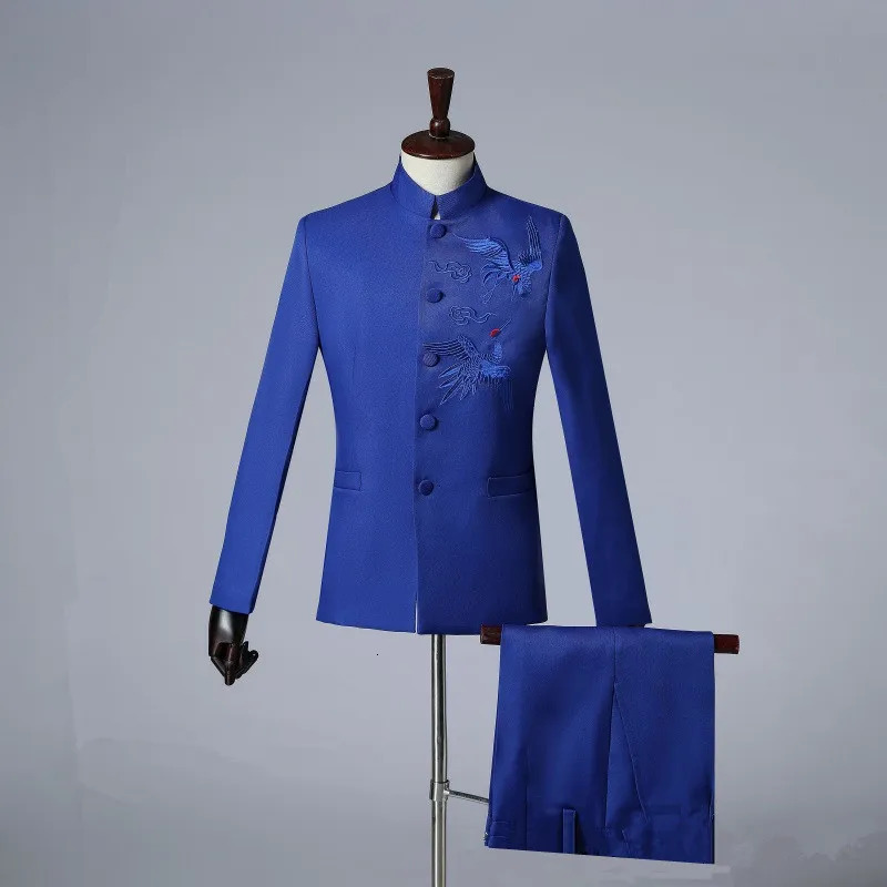 Chinese y Stand up Collar Set 2piece Fashionable Mens Wedding Ball Performance Jacket and Pants 250326