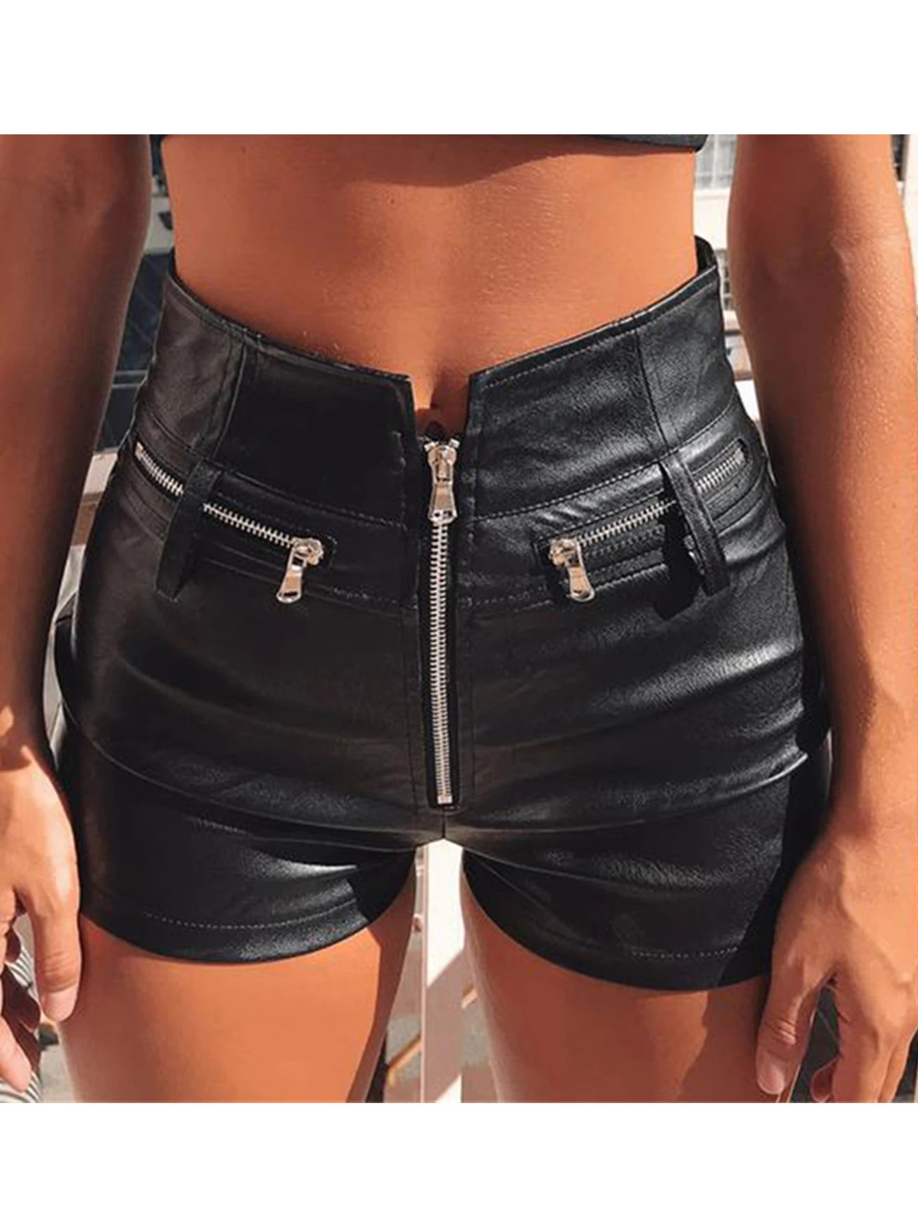 Sexy black PU casual fashion summer shorts for womens clothing Gothic artificial leather high waisted Y2K 250321