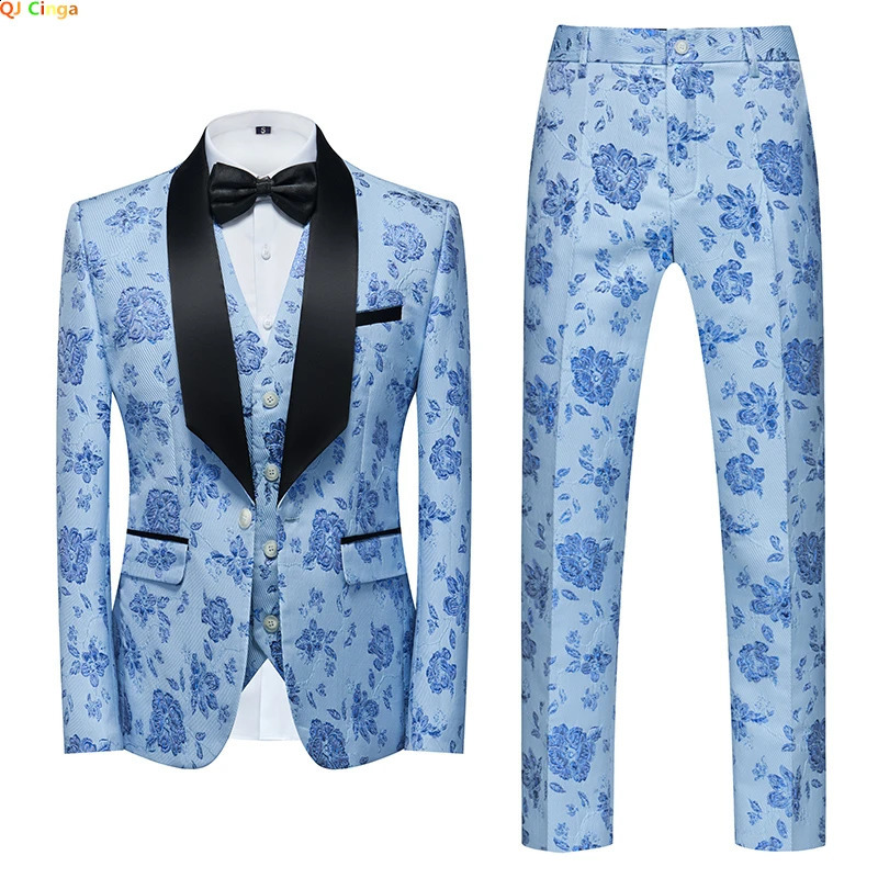 3 pieces of blue jacquard fabric set mens fashionable slim fit jacket Trouser vest Spring and Autumn Asian size 250326