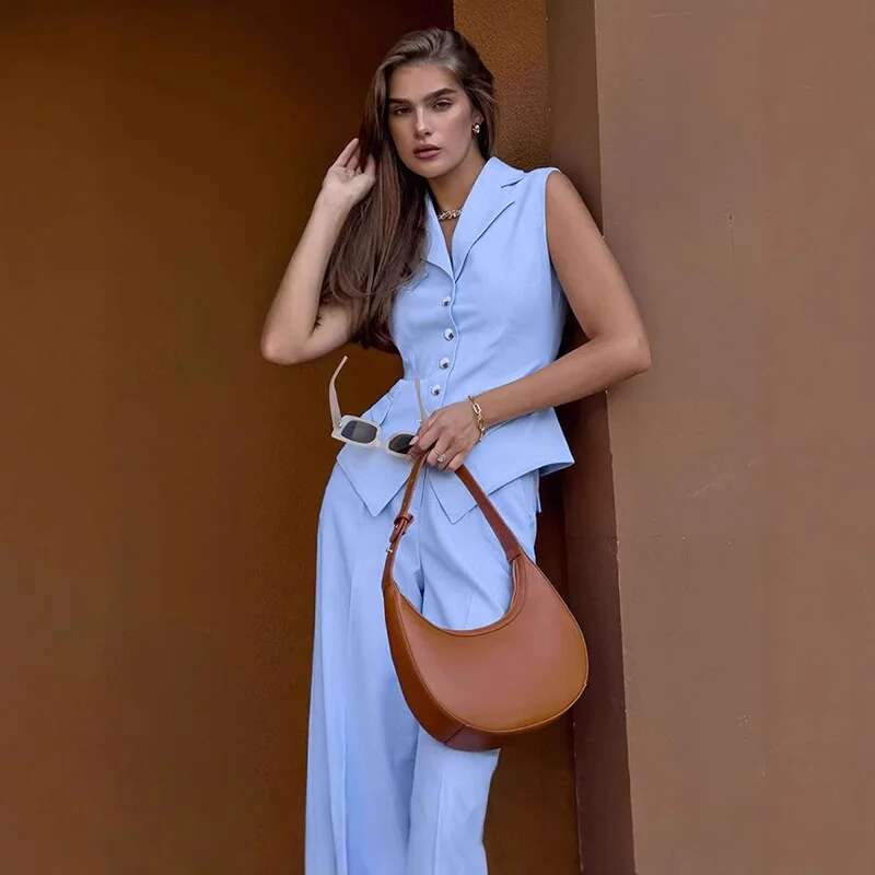 Women's Coat Women Lapel Vest Pants Sets Lazy Sleeveless Single Breasted Waistcoat Wide Leg Trousers Spring New Casual Lady Commuter Set