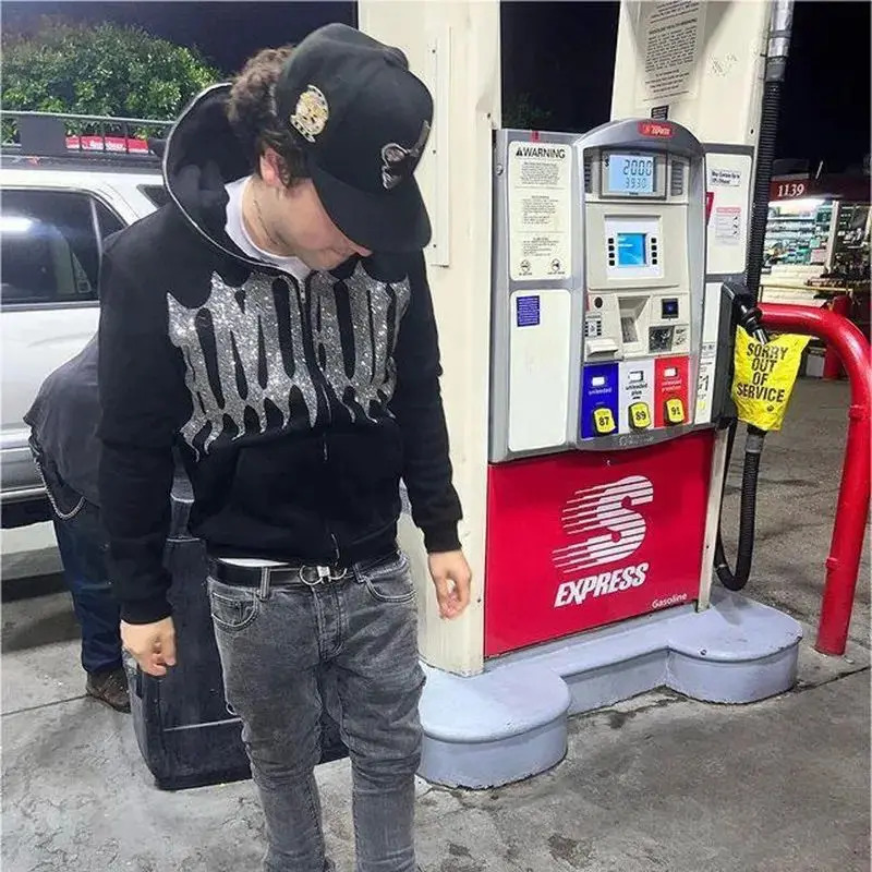 Price shown before tax Rhinestone Full Zip Hoodie Skeleton Goth Sweatshirt Pull Long Sleeve Black Hoodies Y2k Fashion Mens Wome 250321
