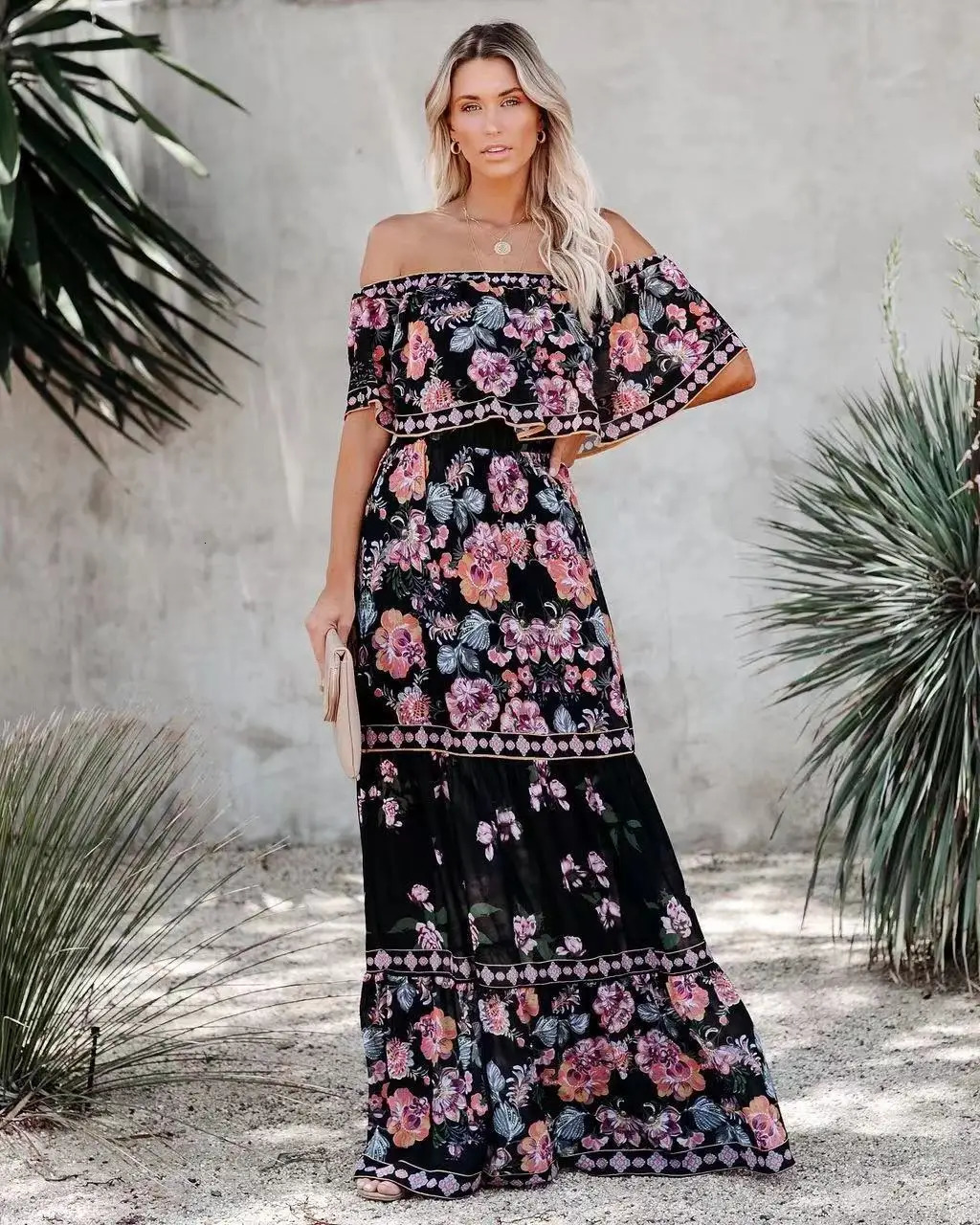 Summer Womens Printed Bohemian Dress Fashionable and Sexy Slant Neck Long Casual Elegant Party Vestdos 2024 250324