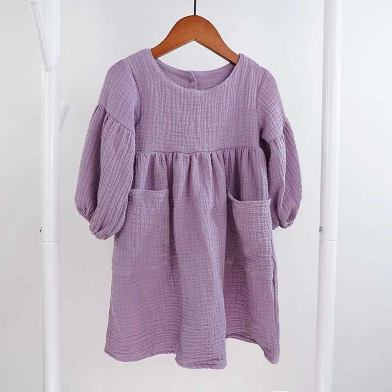 Autumn and Spring Childrens Clothing Organic Cotton Double Gauze Loose Pocket Baby Girl Dress Fashion Princess Casual Childrens Dress W250326