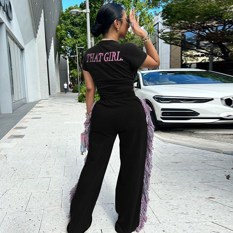 Designer Set New Women's Round Sports Set 2025 Round Neck Embroidered Short Sleeve T-shirt High Waist Colorful Tassel Casual Pants Street Sports 