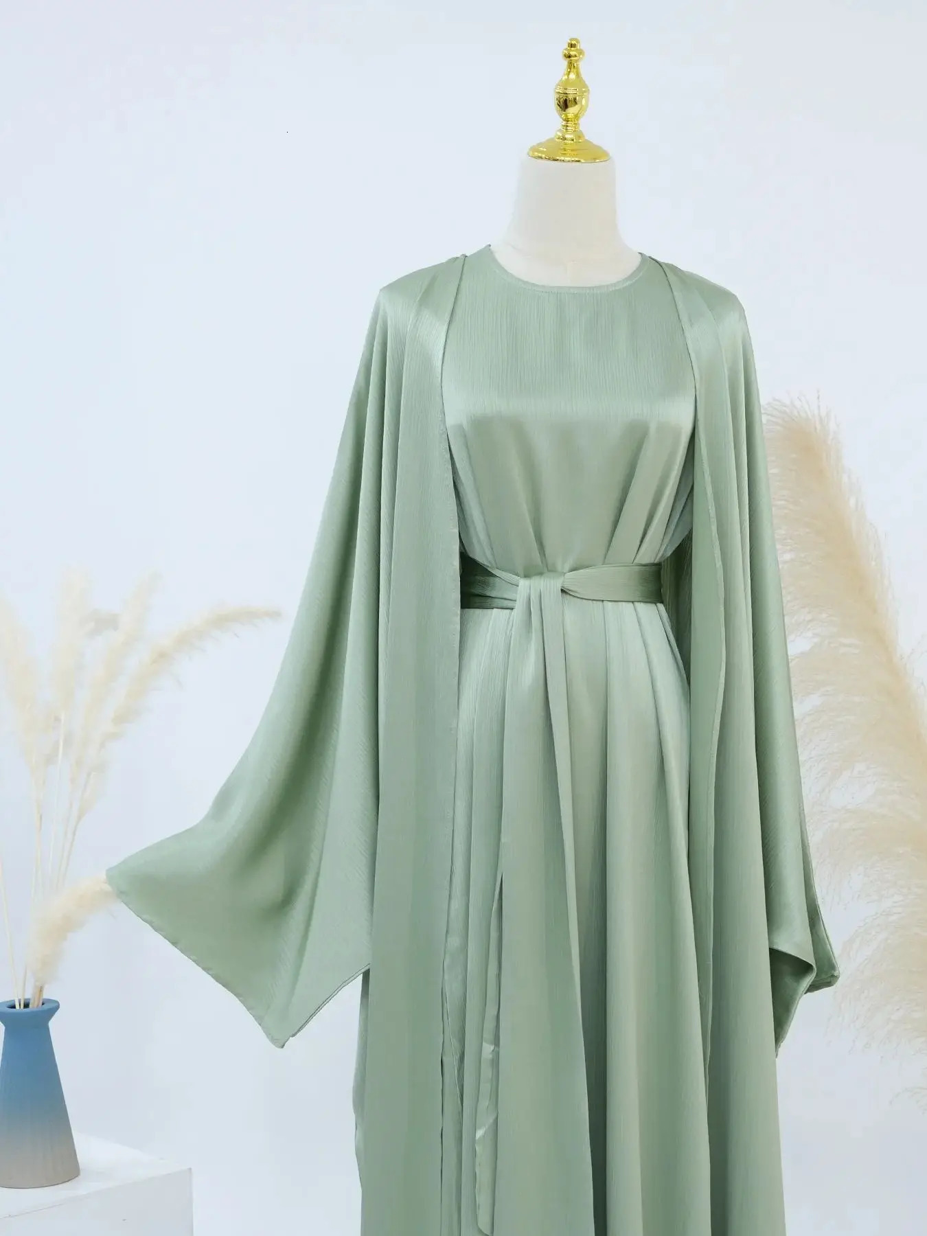 Ramadan Dubai satin plain weave 2piece Abaya set prayer clothing women humble Muslim Caftan Marocain robe Musulmane Kaftan 250326