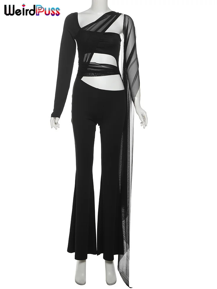 Strange cat sexy hollow jumpsuit womens mesh cross strap single shoulder full sleeve elastic midnight club outfit jacket 250326