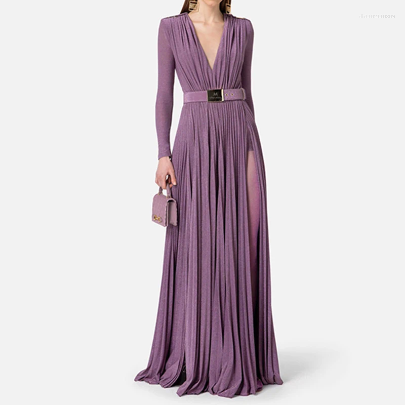 Casual Dresses Women Fashion High Waist Slim Solid Long Dress 2025 Elegant Sleeve Party Sexy Deep V-neck Draped Evening