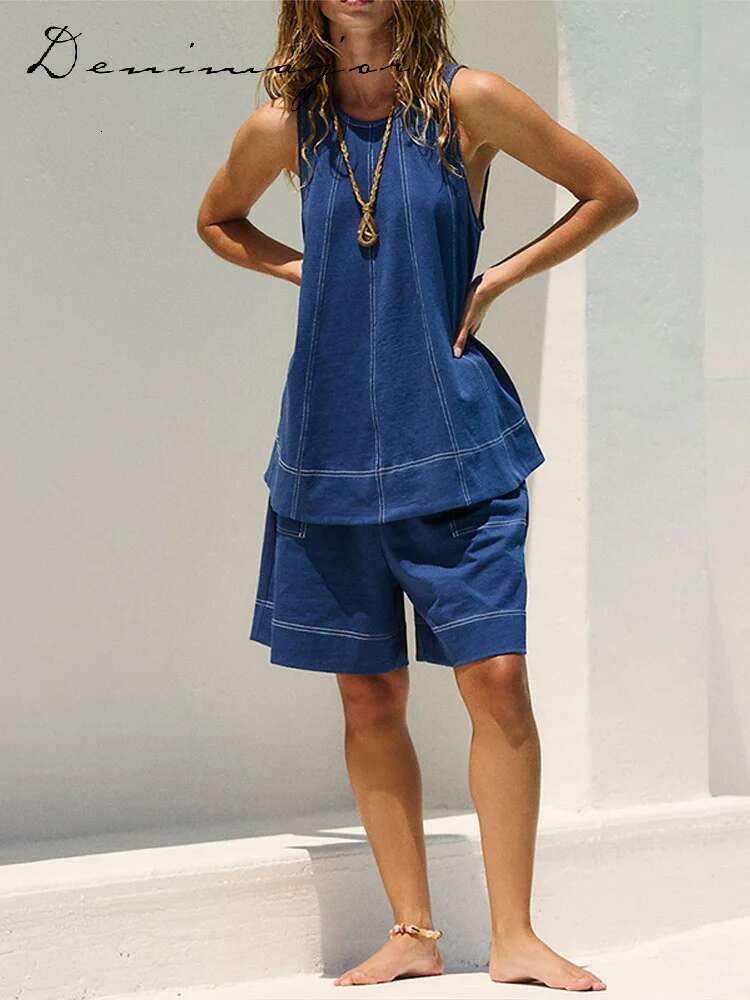 Loose Striped Shorts Set Women Casual Sleeveless O-Neck Vest Wide Leg Elastic Waist Short Pants 2025 Summer Chic Beach Lady Sets