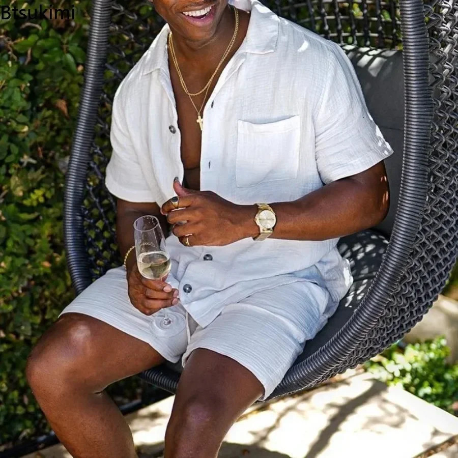 2025 Mens Summer Cotton Linen Casual Sets Fashion Short-sleeved Loose Shirt and Shorts Two-pieces Sets Man Beach Holiday Outfit 250324