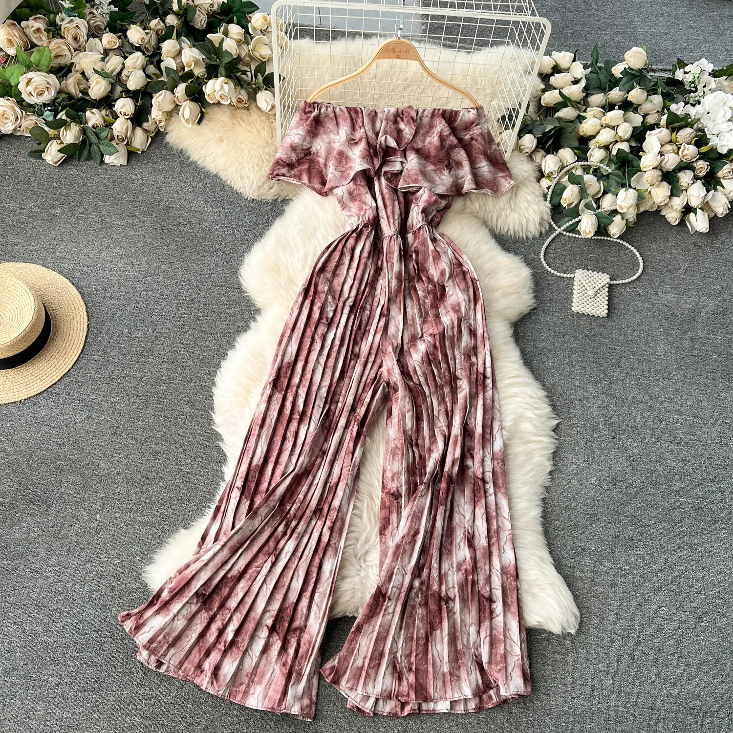 Womens jumpsuit summer casual dyed shoulder pleated lace waistband wide leg holiday loose 250326