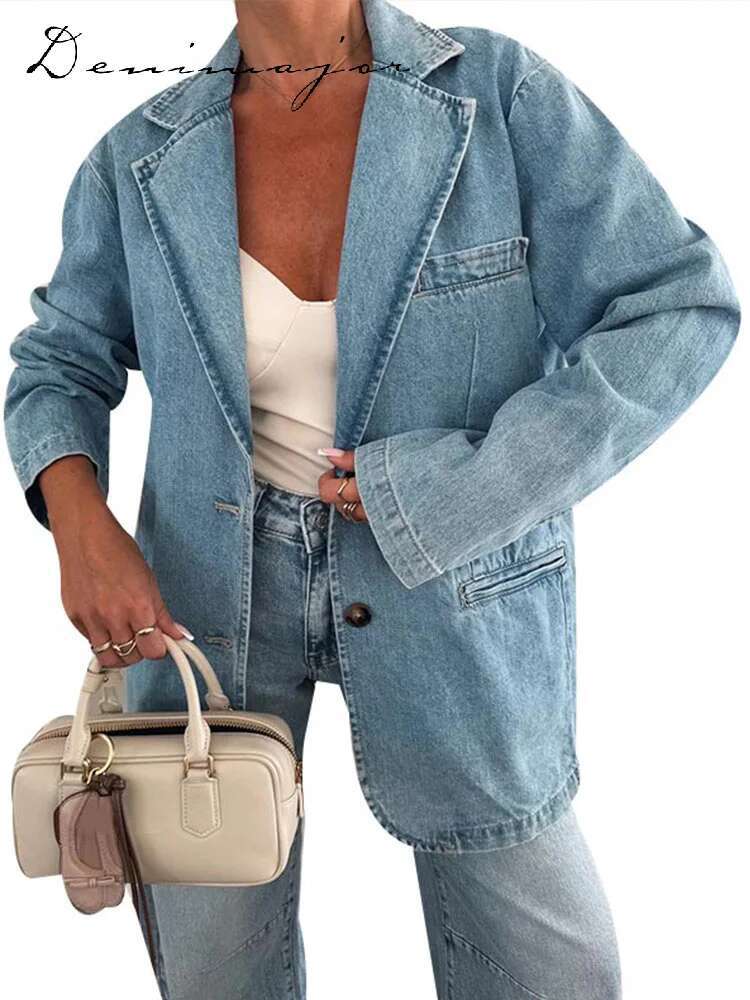 Urban Women Denim Coat Lapel Collar Pockets Single Breated Buttons Long Sleeves Light Blue Loose Spring Casual Female Top