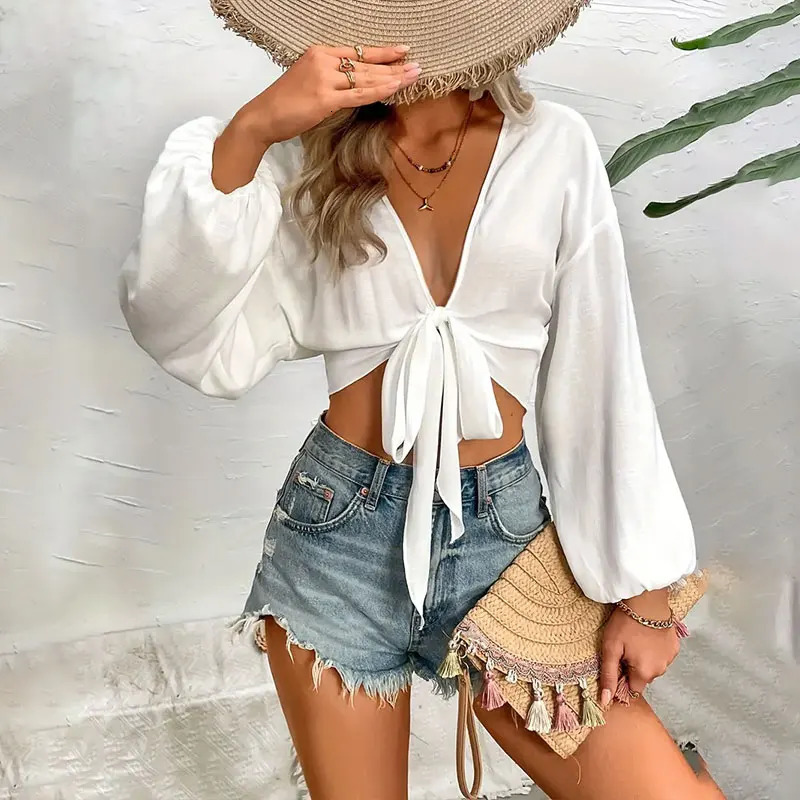 Swimsuit white beach vest sexy Vneck long swimsuit womens bikini Tunic Pareos pants beachwear 250326