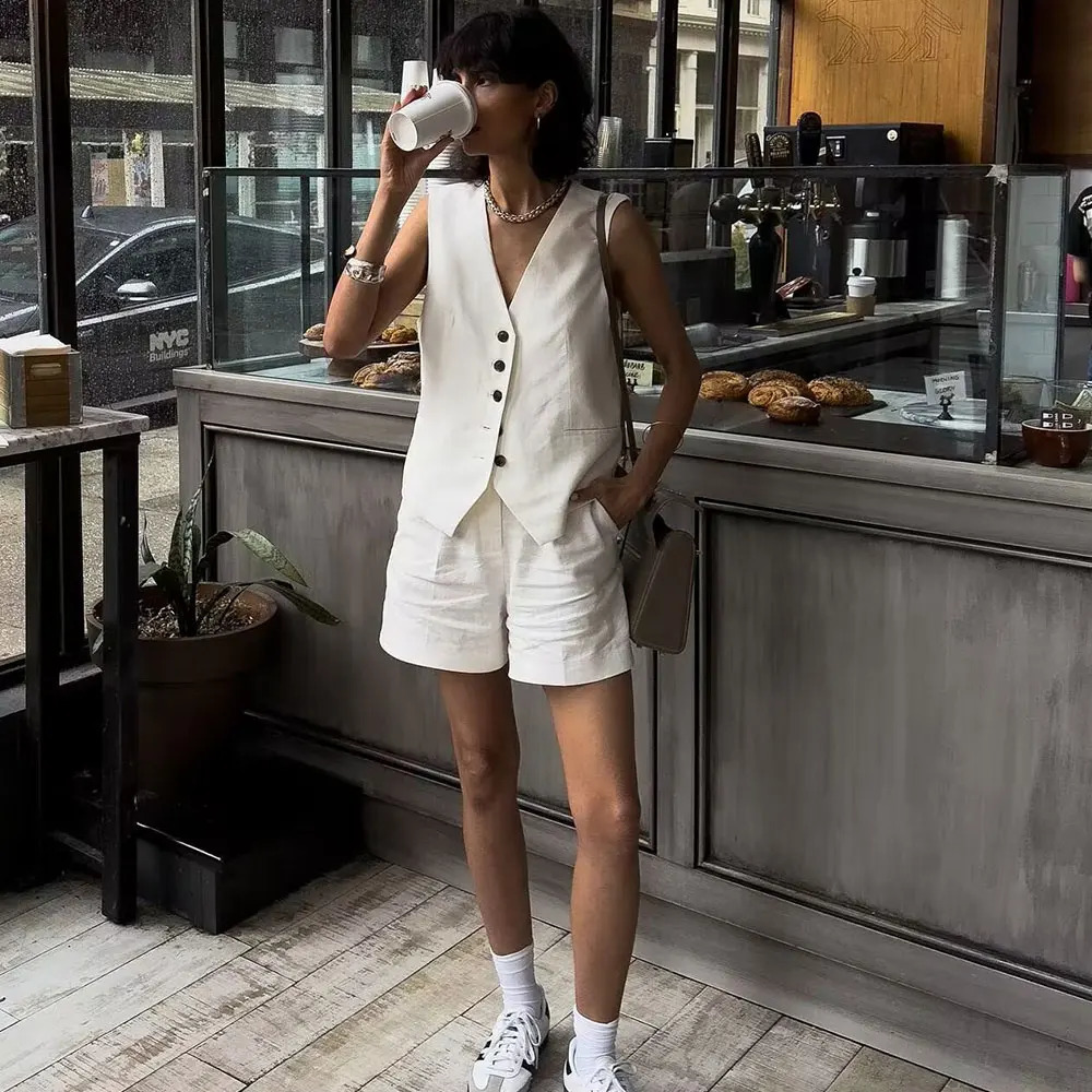 DUOPERI Women 2 Pieces Sets Plain Linen Tops Vest and Shorts Chic Lady Casual Basic Business Waistcoat Coordinates 250311