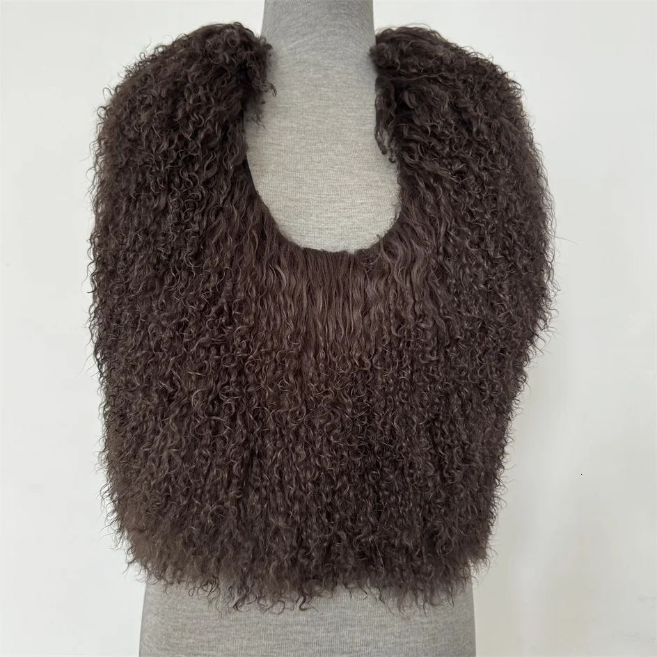 Sexy Midnight Real Mongolian Fur Waistcoat Womens Backless Crop Strap Tank Top Deep Vneck Y2k Street Brown Solid 250326